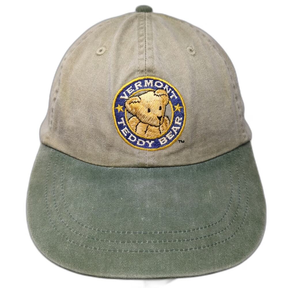 Adams Baseball Cap Beige Green Leather Strap Vermont Teddy Bear Hat Vintage